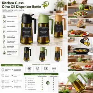 Leak-Proof Reusable Glass Olive Oil Dispenser Bottle with Easy-Pour Refillable Design