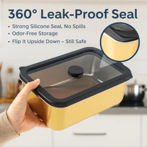 Leak-Resistant Stainless Steel Lunch Container with Tempered Glass Lid for Travel