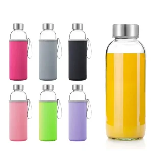 Leak proof 16oz Refillable Clean Round Beverage Glass Water Bottle with Glass Lid Reusable Sport Water Bottles
