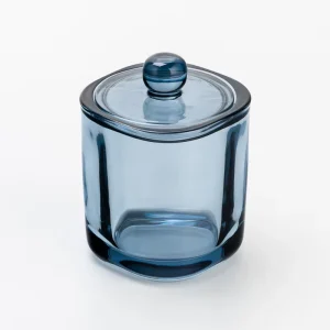 Light Blue Thick Glass Candle Jar with Lid Rounded Square Aromatherapy Vessel