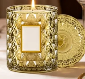 Long Lasting Soy Wax Blend in Ornate Gold Textured Glass Container Emitting a Rich and Enticing Fragrance that Adds