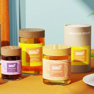 Luxury 180ml 350ml 500ml Custom Eco friendly Food Storage Jar Jam Sauce Spice Nuts Round Empty Glass Honey Jars with Wooden Lid