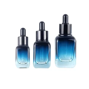 Luxury 30ml Gradient Blue Glass square Dropper Bottle with Black Sliver Dropper Cap Dropper Bottle for Essential Oil