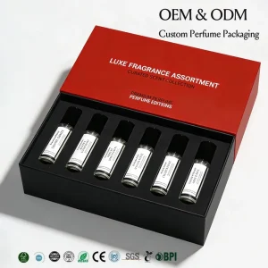 Luxury Drawer Perfume Sample Box Red UV Glossy Sliding Packaging for 6 Mini Fragrances with Foam Insert Eco Paper Gift Set