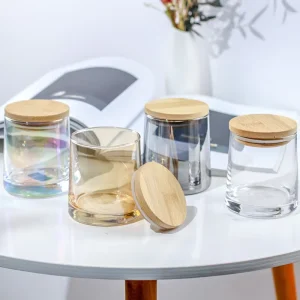 Luxury Empty 9oz Cylinder Multi-color Iridescent Clear Glass Scented Candle Making Jars Bamboo Lid Luxury Home