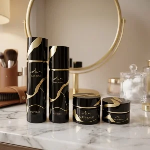 Luxury Glossy Artistic Lines Black Glass Skincare Bottle and Face Cream Jar Cosmetic Packaging Set