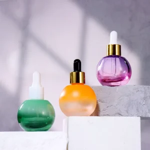 Luxury Gradient Sphere Glass Dropper Bottle 30ml Ombre Round Ball Empty Cosmetic Skincare Serum Hair Oil Bottle with Gold Cap