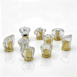 Luxury High end Cut Crystal Perfume Bottle Covers Gold Base Pump Sprayer Flat Square Shape Silk Screen Printed Custom Packaging