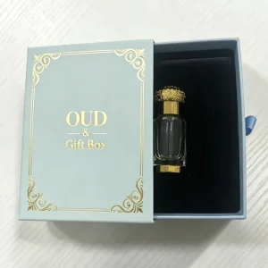 Luxury OUD Essential Oil Bottle Gift Box with EVA Insert Custom Gold Foil Drawer Cardboard Packaging Box for Attar Oud Oil