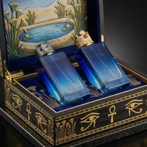 Luxury Square Matte Egyptian Pharaoh Style Gradient Blue Glass Perfume Bottle with Crown Cap 30ml 50ml 100ml Empty Spray Bottle