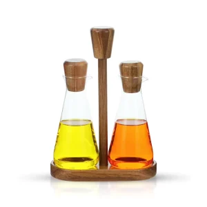 Manufacturers Supplier Recycled 300ml Transparent Borosilicate Glass Olive Oil and Vinegar Dispenser with Wooden Holder Rack