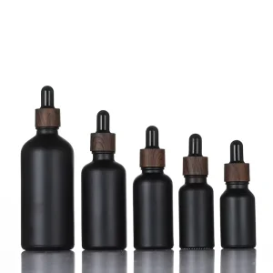 Matte Black Essential Oil Glass Dropper Bottle with Dark Wood Collar 5ml to 100ml