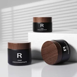 Matte Black Face Cream Glass Jar Containers 5g 10g 15g 20g 30g 50g 1oz 2oz 4oz with Plastic Wood Grain Lid