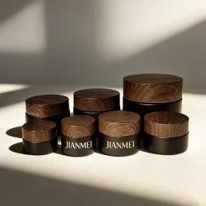 Matte Black Glass Face Cream Jar 5g 10g 15g 20g 30g 50g 1oz 2oz 4oz with Plastic Wood-Grain Lid