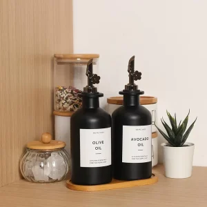 Matte Black Leak-Proof 12oz 350ml Glass Bottles with Spout for Soy Sauce, Vinegar, Condiments, and Avocado Oil