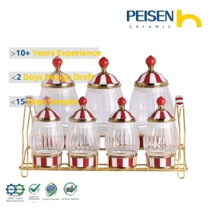 Mediterranean Red and White Striped Airtight Spice Jar Set with Ceramic Lids, 7-Piece Kitchen Storage