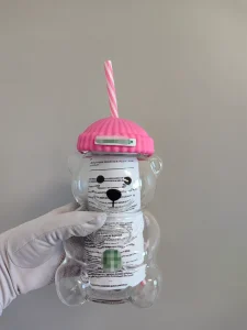 Microwave-Safe Pink Bear-Shaped Glass Travel Mug with Straw Cap