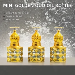 Mini Custom Empty Golden Arabic Oud Oil Attar Perfume Roller Bottle with Glass Stick Screw Cap Hot Stamping