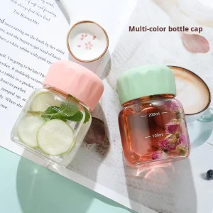 Mini High-Borosilicate Glass Cup Water Bottle 300ml with Cover and Scale