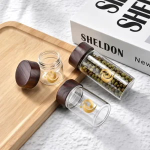 Mini Portable Cylinder Food Grade Glass Kitchen Sealed Tea Coffee Beans Storage Jar Tube With Threaded Wood Lid