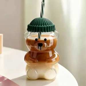 Modern Bear Shaped Glass Bottle With Straw Reusable Container for Coffee Juice Milk Tea Beer Wine Christmas Gift Party