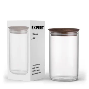 Modern Classic Glass Jar with Black Walnut Lid Microwavable Stackable Food Storage Container