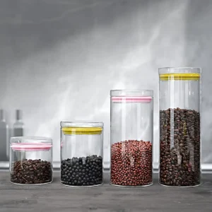 Modern Design Food Grade Airtight Glass Food Container with Glass Lid and Colored Silicone Ring Lead Free Storage Canister Jar