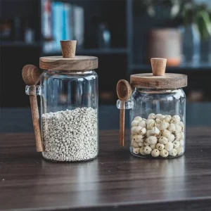 Modern Glass Sealed Storage Jar Coffee Bean Storage Wooden Lid With Wooden Spoon Kitchen Cereal Storage Jar