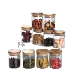 Modern Glass Storage Jar with Air Tight Wooden Lids Kitchen Counter Decorative Cookie Container for Food Storage