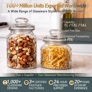 Multi Purpose Clear Glass Container Set 1L 1.3L 1.6L Lead Free Glass Jars with Lids for Dry Food Storage