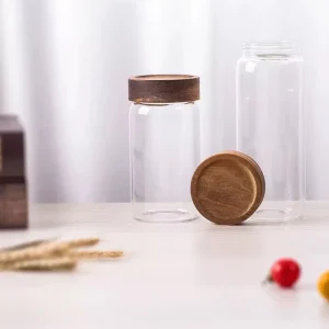 Multi-Size Clear Borosilicate Glass Storage Jar with Screw Wood Lid