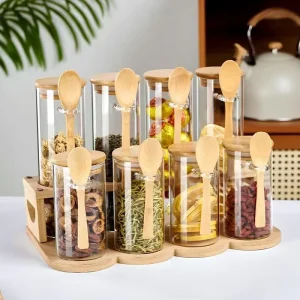 Multifunctional Classic Style Kitchen Glass Food Container with Spoon Bamboo Lid and Plastic Seal for Spices Jar Set for Parties