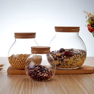 Multiple Sizes Glass Container Transparent Eco Friendly High Borosilicate Ball Shape Food Glass Jar With Cork Lid