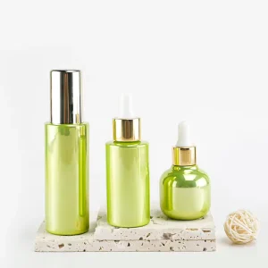 New Custom 30ml 50ml Skincare Packaging Metallic Coating Surface Serum Dropper and Lotion Pump Glass Bottle