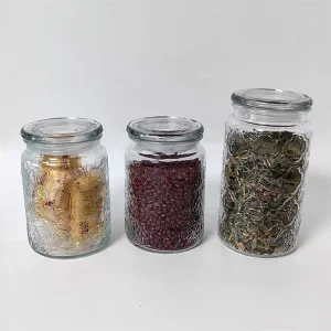 New Design Carved Glass Spice Jar Vintage Begonia Pattern Kitchen Canisters with Glass Lids for Coffee Tea Pasta Cookies Nuts