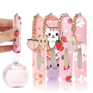 New Design Empty Luxury 5ml Plastic Refillable Perfume Bottle Fruits Pet Cute Cat Keychain Pendant Spray Bottle