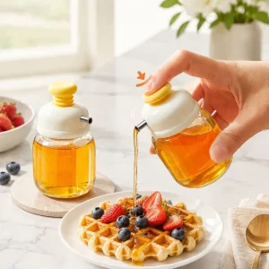 No-Drip Glass Honey Jar Dispenser for Honey Coffee Strawberry and Maple Syrup