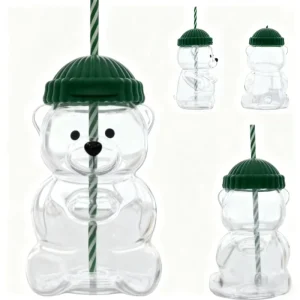 No Logo large capacity Cute Bear Glass Cup Sustainable Creative Glass Straw Cup 20OZ Bear Shape Design for Home Bar Office Use