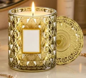 Non Toxic Slow Burning Wax in Exquisite Gold Patterned Glass Container Designed to Release a Gentle and Elegant Aroma