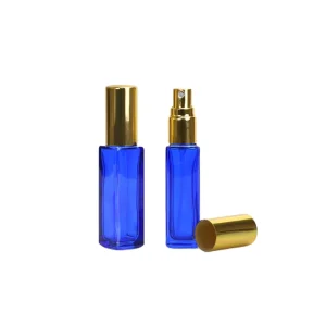OEM Blue Colored 10ml Rectangular square Glass Perfume Refillable Spray Bottle 10 ml with Metal Fine Mist Spray