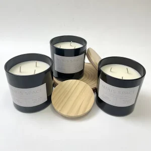 OEM China Large Glass Jar Soy Wax Candle with Wood Lid, 3-Wick Black Candle Jar