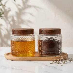 OEM Glass Jar 380ml 500ml with Wooden Lid for Honey Sauce Food and Gift Packs