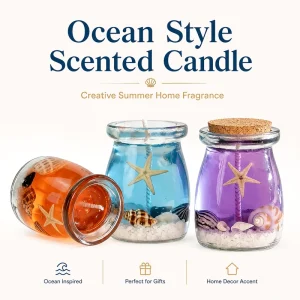 Ocean Themed Gel Scented Candle in Glass Jar with Cork Lid Seashell & Starfish Decor Aromatherapy Gift for Home & Retail