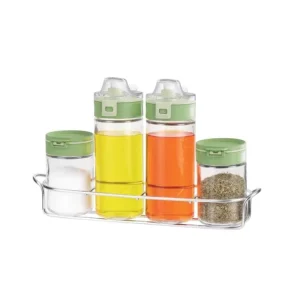 Oil and Vinegar Bottle Set with Spice Rack Jars Dual-Hinge Lids Drip-Free Silicone Spouts and Transparent Covers