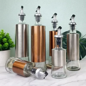 Oil and Vinegar Dispensers with Metal Cover and Pour Spout, Glass Seasoning Bottles, 200ml 300ml 500ml