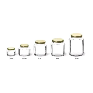 Oval Hexagon Glass Honey Jars with Gold Lid 500ml 9 oz 6 oz 190ml 4 oz 120ml 110ml 55ml 2 oz 45ml 1.5 oz 1 oz