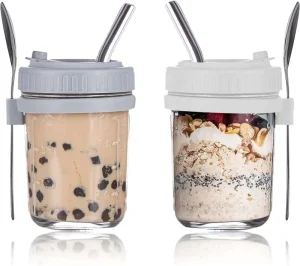 Overnight Oats Jars with Lids and Spoons Glass Mason Jar with Straw Reusable Oatmeal Breakfast on the Go Cups for Cereal