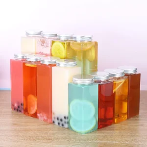 PET Square Juice Bottles for Juice Business 60ml 120ml 250ml 350ml 500ml Plastic Juice Bottle with Aluminum Screw Cap