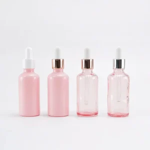 Pink 50ml Pipette Glass Bottles with White Metallic Gold Silver Dropper Cap for Skincare Serum Hair Oil Cosmetic Packaging