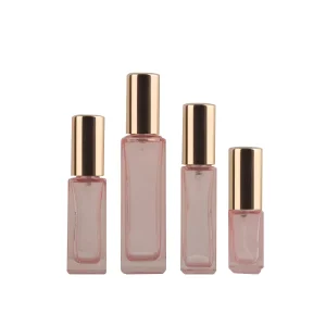 Pink Glass Bottle with Pump Lid, 5ml/10ml/15ml/20ml, Square Shape, Skincare Cream Packaging
